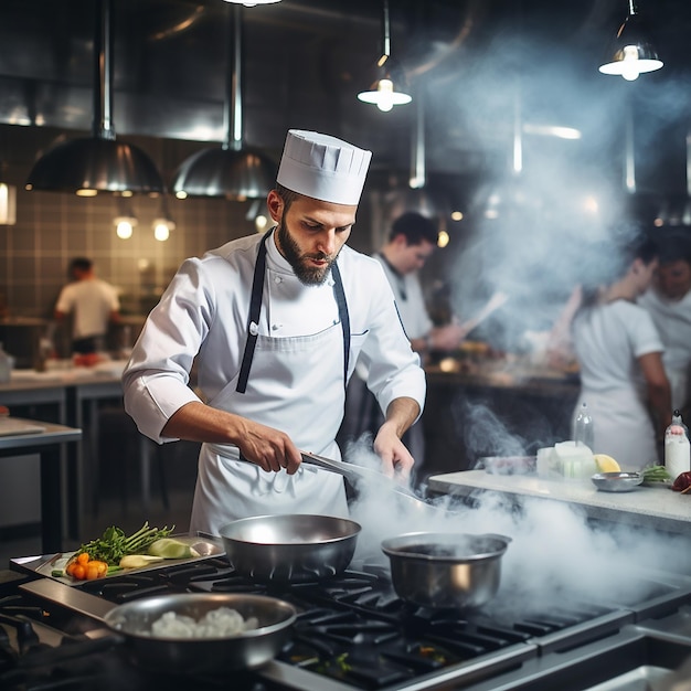 Mannelijke chef-kok die eten in een bord legt terwijl hij in de commerciële keuken werkt