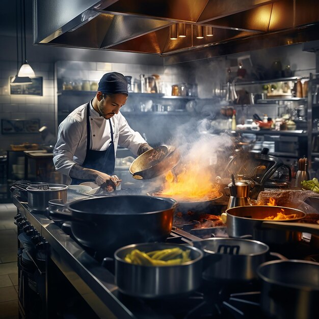 Mannelijke chef-kok die eten in een bord legt terwijl hij in de commerciële keuken werkt