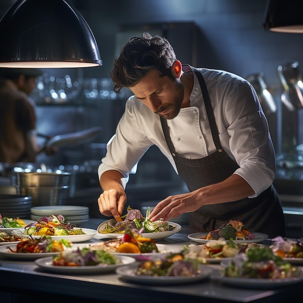 Mannelijke chef-kok die eten in een bord legt terwijl hij in de commerciële keuken werkt