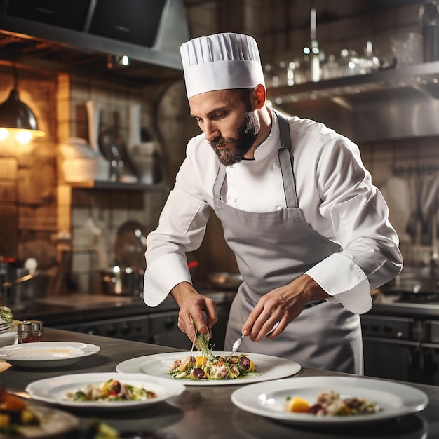 Mannelijke chef-kok die eten in een bord legt terwijl hij in de commerciële keuken werkt