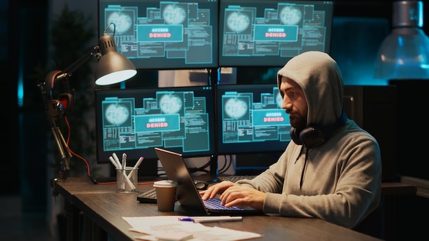 Mannelijke crimineel probeert de databaseserver te breken, met behulp van een virus om malware te activeren en IT-gegevens te stelen. Werken met meerdere monitoren en netwerksysteem hacken voor cyberaanval, kap dragen.