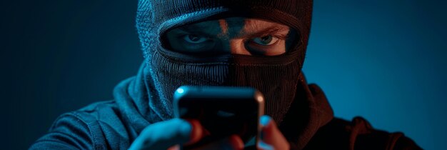 Foto mannelijke cybercriminal in zwarte kleding en balaclava met een telefoon die een telefoonfraude schema illustreert