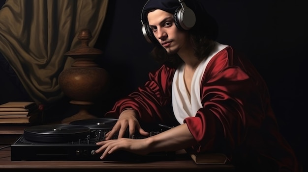 Mannelijke DJ in een schilderij van een renaissancekunstenaar