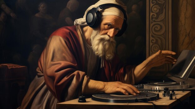 Mannelijke DJ in een schilderij van een renaissancekunstenaar