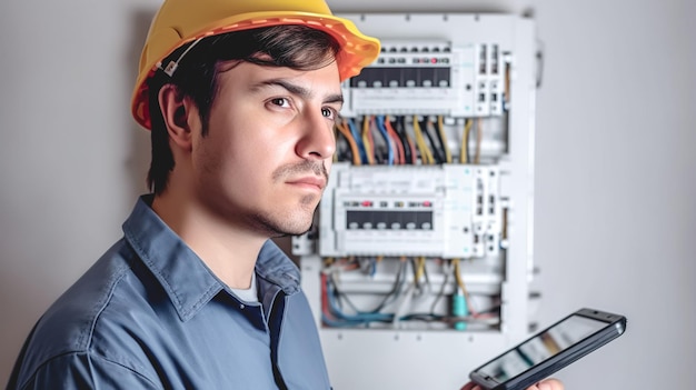 Mannelijke elektrotechnisch ingenieur die werkt in een schakelbord met generatieve ai zekeringen