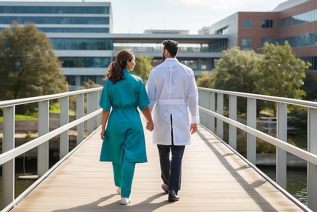 Mannelijke en vrouwelijke gezondheidszorgprofessionals lopen op de brug die naar het ziekenhuis leidt