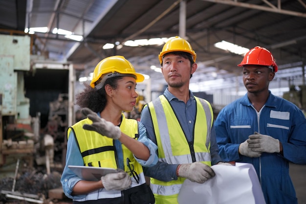 Mannelijke en vrouwelijke industriële ingenieurs praten met fabrieksarbeider tegen de achtergrond van machines en apparatuur. Ze werken bij de Heavy Industry Manufacturing Facility.