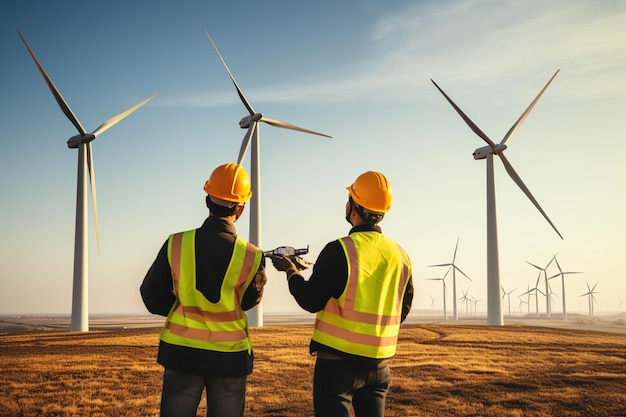 Mannelijke en vrouwelijke ingenieurs werken aan een windpark Toekomstige productie van hernieuwbare duurzame energie en klimaatverandering Generatieve AI