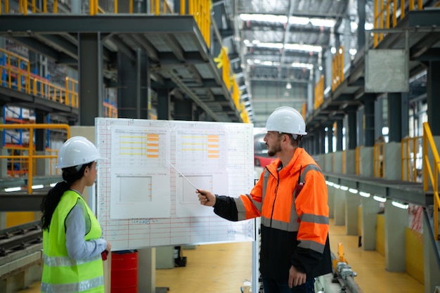 Mannelijke en vrouwelijke ingenieurs werken samen in een elektrisch reparatiestation Controleer de details