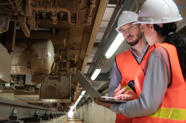 Mannelijke en vrouwelijke ingenieurs werken samen in een elektrisch reparatiestation en inspecteren het onderstel