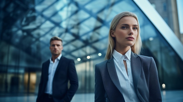 Mannelijke en vrouwelijke kantoormedewerkers in pakken staan tegen de achtergrond van een modern kantoorgebouw Bedrijfsmanagers leiders onroerend goed verkoop