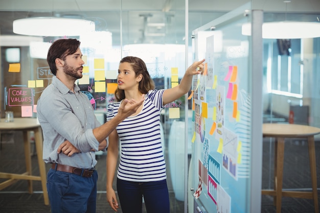 Mannelijke en vrouwelijke leidinggevenden bespreken over whiteboard