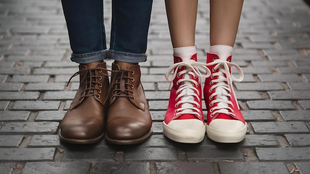 Mannelijke en vrouwelijke schoenen gaan in verschillende richtingen en zijn met veters vastgebonden.