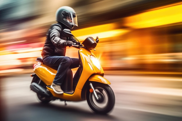Mannelijke fietser retro scooter rijden op straat Generatieve AI in de stad