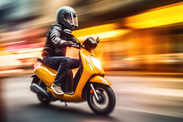 Mannelijke fietser retro scooter rijden op straat generatieve ai in de stad