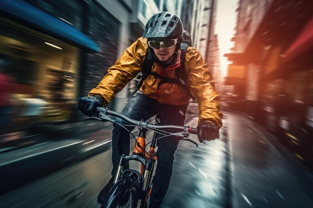 Mannelijke fietser rijdt fiets op stadsstraat Generatieve AI