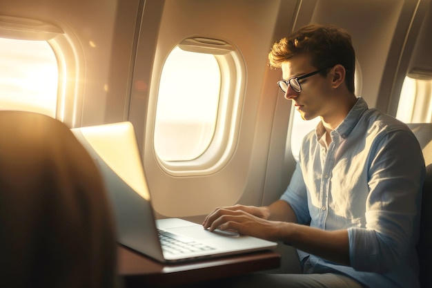 Mannelijke freelancer die met laptop op vliegtuig reist