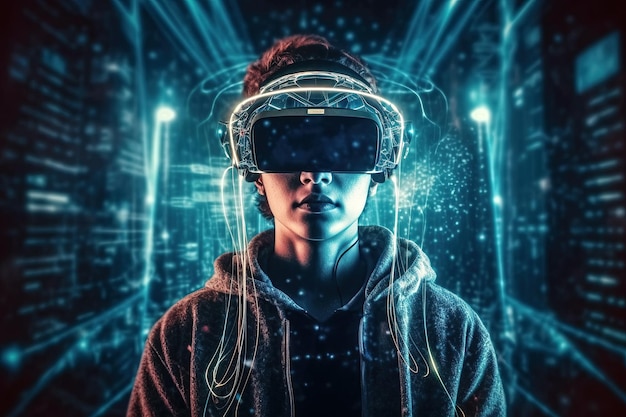 Mannelijke gamer met virtual reality-bril in cyberspace van metaverse met augmented reality van toekomstige Generative AI