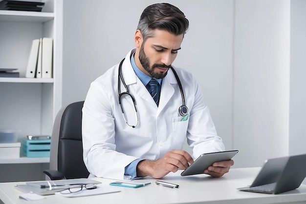 Mannelijke gezondheidszorgmedewerker die een digitale tablet gebruikt terwijl hij op een bureau in een kliniek leunt