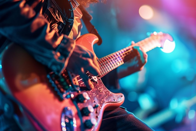 Mannelijke gitarist die elektrische gitaar speelt in het hardmuziekconcert bokeh stijl achtergrond