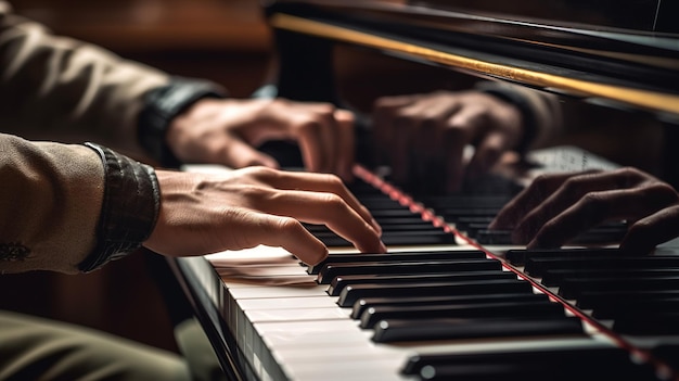 mannelijke hand die de piano speelt muzikant die piano speelt in de donkere kamer generatieve AI AI gegenereerd