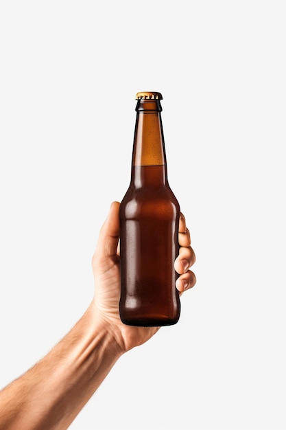 Mannelijke hand met bierfles mock-up stijl AI gegenereerde illustratie