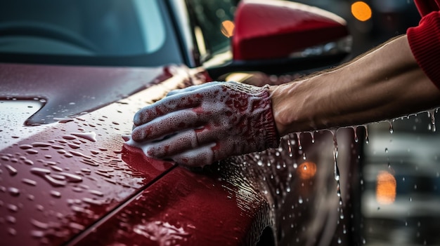 Mannelijke hand met gereedschap voor het wassen van ramen autowas