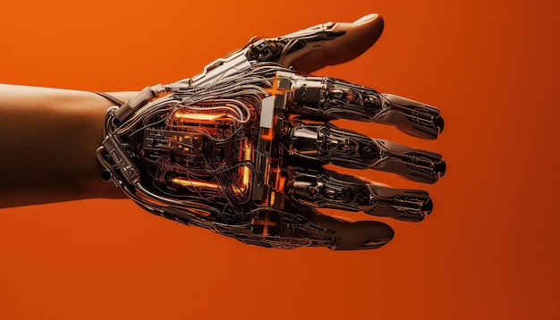 Mannelijke hand op cyberpunk achtergrond in oranje kleur