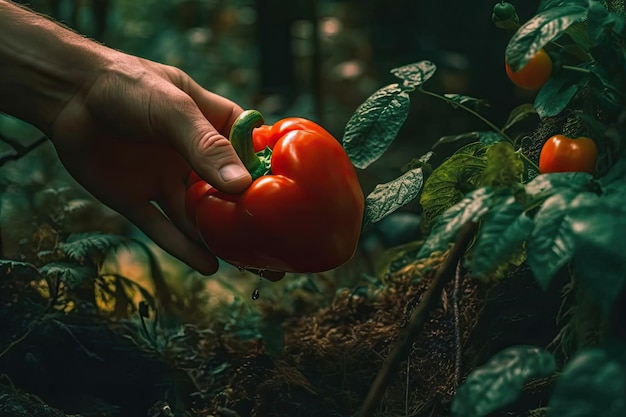 Mannelijke hand selecteert een levendige peper rechtstreeks uit de tuin van Nature39