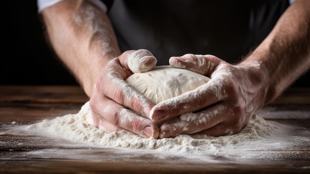 Mannelijke handen die deeg bereiden voor brood of andere gebak close-up Het maken van deeg door mannelijke handen op hout