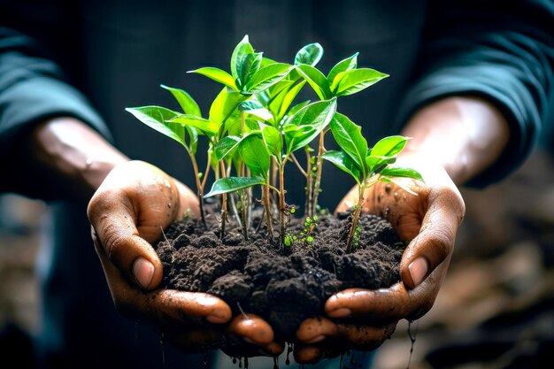 mannelijke handen die groene zaailingen in de bodem houden Aardedag landbouw nieuw leven investering biologische producten