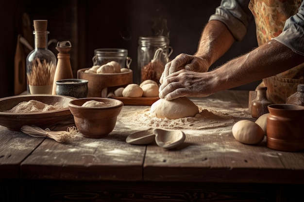 Mannelijke handen kneden van deeg op houten tafel in rustieke keuken Generatieve AI