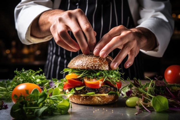 mannelijke handen maken een veganistische hamburger close-up