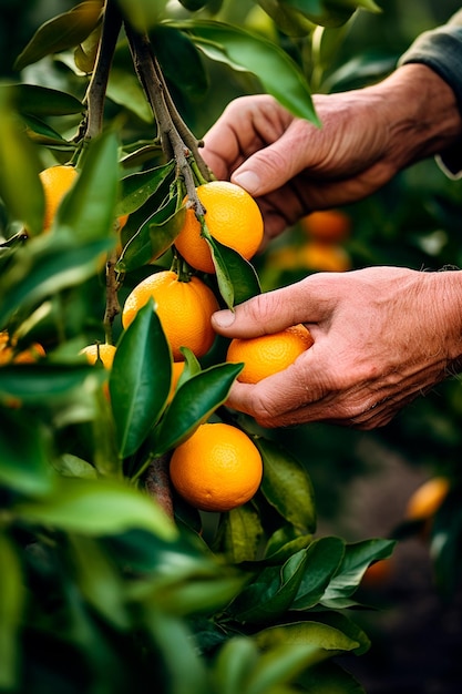Mannelijke handen plukken sappige, smakelijke sinaasappelen uit een boom in de tuin en oogsten op een zonnige dag generatief