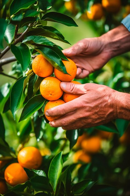 Mannelijke handen plukken sappige smakelijke sinaasappels van een boom in de tuin die op een zonnige dag worden geoogst.