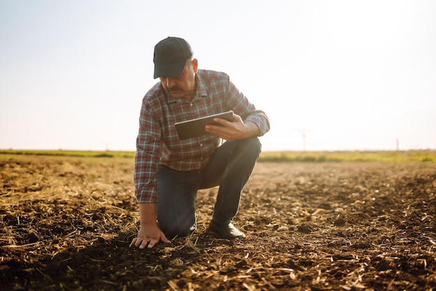 Mannelijke handen raken de grond op het veld Deskundige hand van boer die bodemgezondheid controleert Ecologisch concept