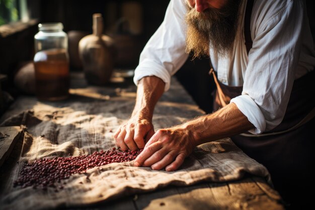 Foto mannelijke handen sorteren koffiebonen op tafel