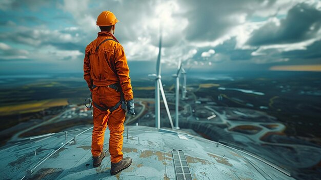 Mannelijke ingenieur die boven een windturbine staat