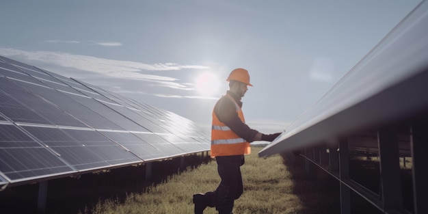 Mannelijke ingenieur die werkt op een zonneboerderij met een bouwvakker Generatieve AI AIG20