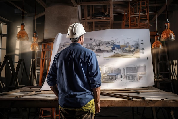 Foto mannelijke ingenieur in een harde hoed die tijdens de bouwfase aan tekeningen werkt