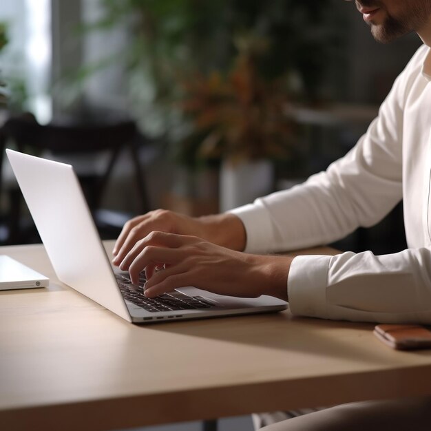 mannelijke kantoormedewerker hand doet werk met laptop op het bureau in het kantoor ai generatief