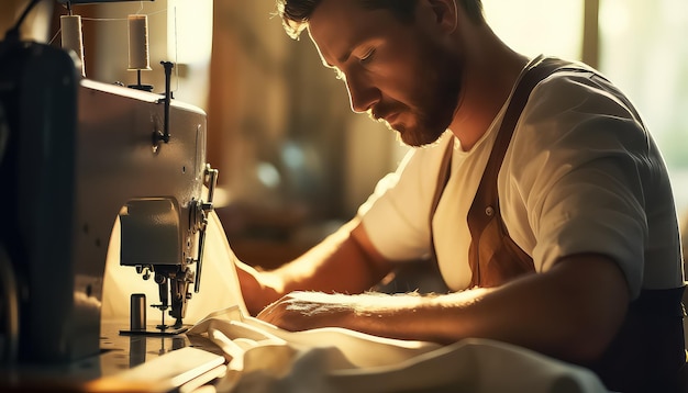 Mannelijke kleermaker in het atelier bij de naaimachine