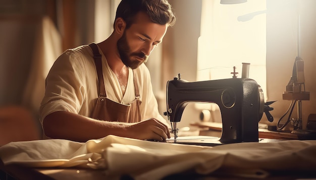 Mannelijke kleermaker in het atelier bij de naaimachine