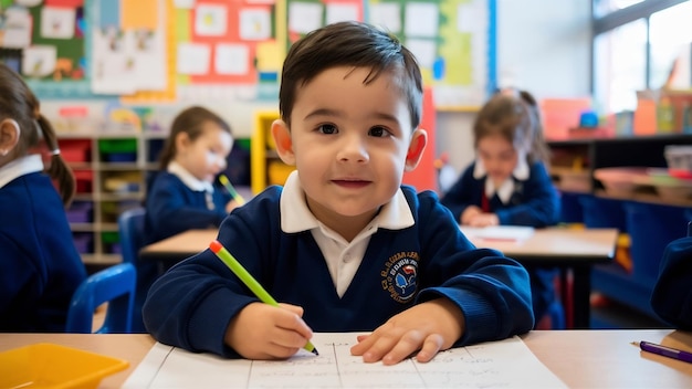 Mannelijke kleuter die uniform draagt en in de klas aan een schrijfopdracht werkt