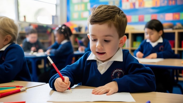 Mannelijke kleuter die uniform draagt en in de klas aan een schrijfopdracht werkt