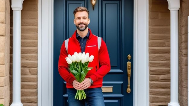 Foto mannelijke koerier levert bloemen vakantie verrassing diensten organisatie verrassing zorg