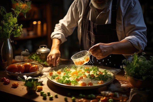 Mannelijke kok bereidt een heerlijk gezond gerecht voor