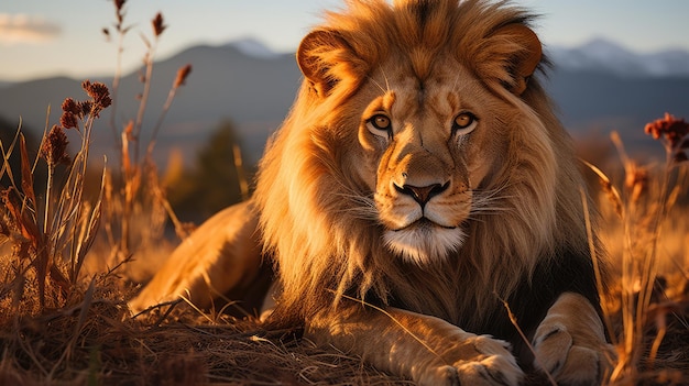 Mannelijke leeuw in het gras met een berg achtergrond