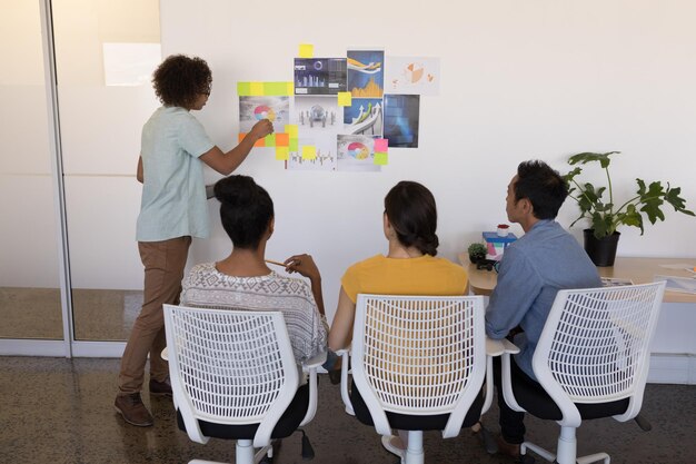 Foto mannelijke leidinggevende die uitlegt over grafieken en sticky notes in het kantoor