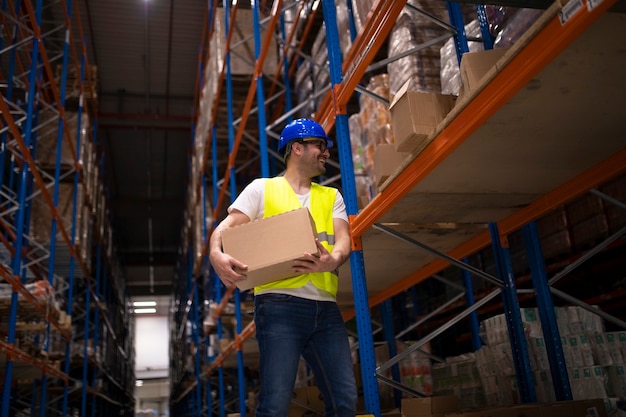 Mannelijke magazijnmedewerker pakketten verplaatsen en dozen op de plank zetten in het grote distributiecentrum voor opslag.